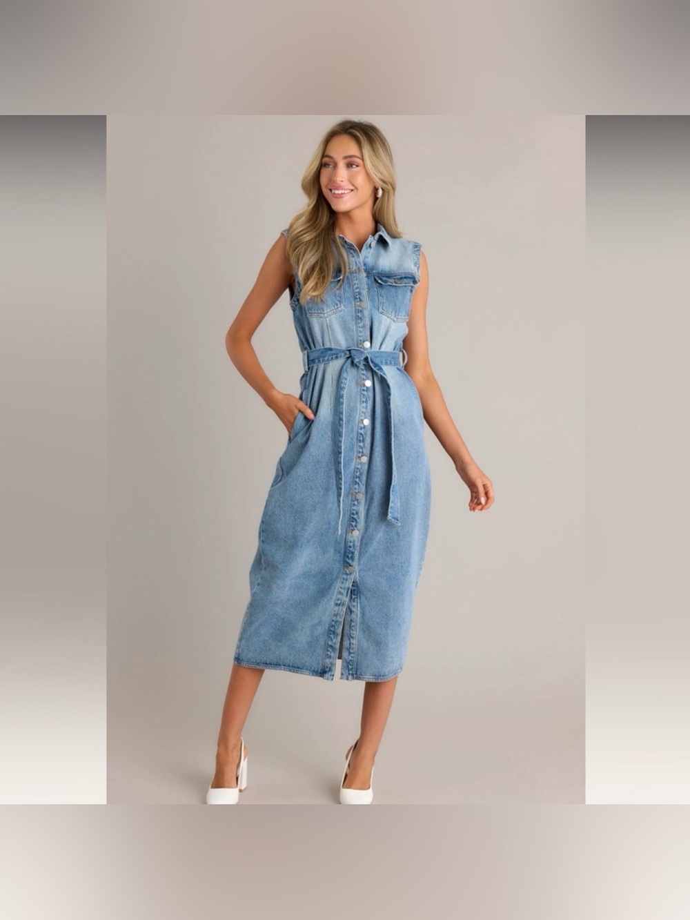 Miou Muse Shirt Dress Women’s Medium Light Wash Denim – Belted Sleeveless Midi